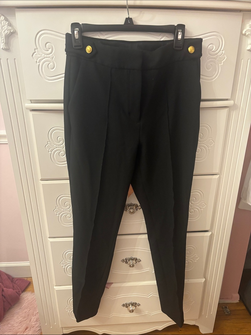 Express Black Tailored Pants with Gold Accented Buttons on Waist